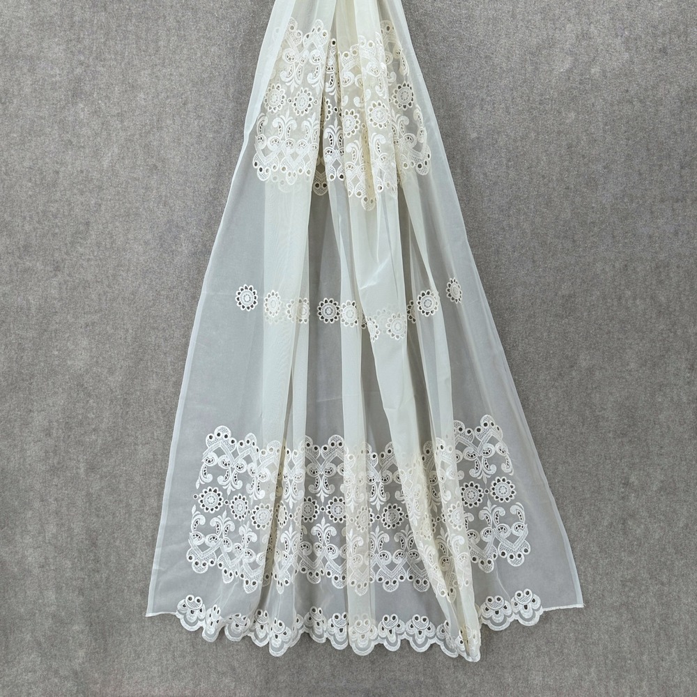 Cream Embroidered Sheer Voile‎ Curtain Panel Scalloped Floral Scrollwork 54"X84"